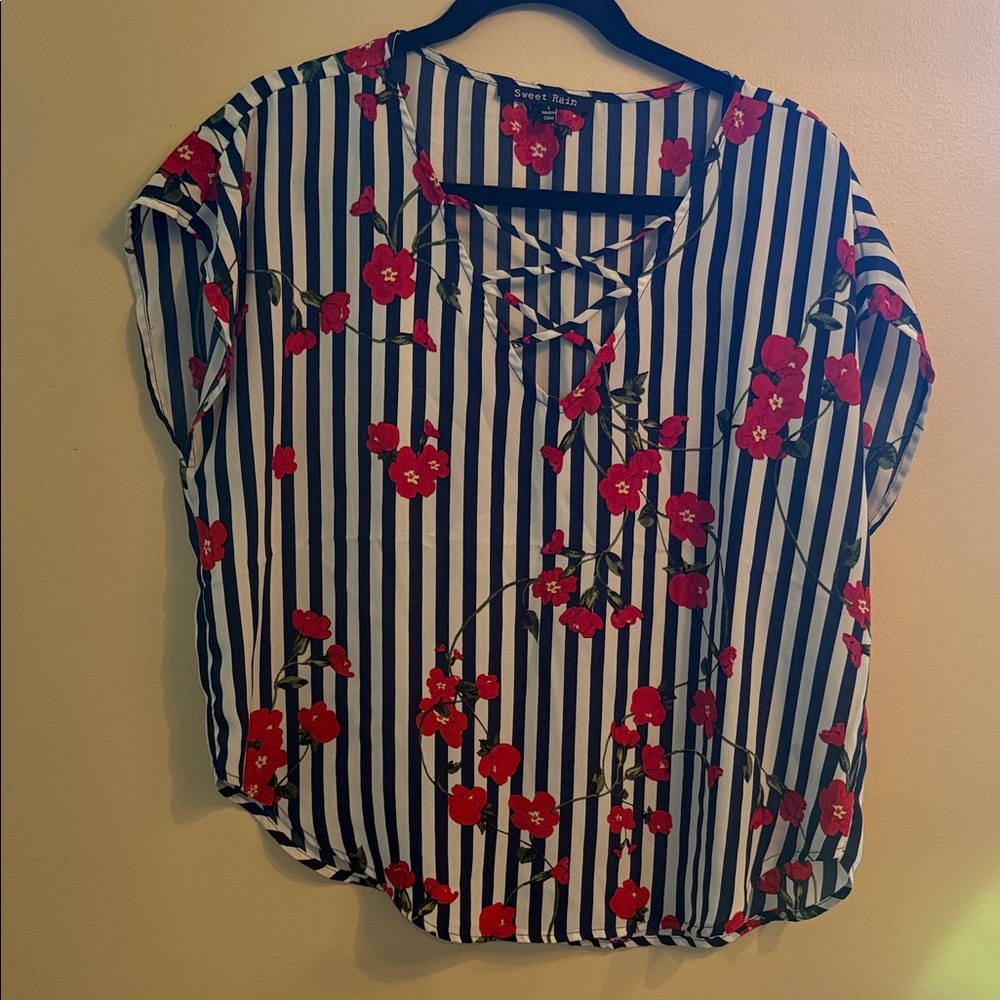 Sweet Rain Navy & White Striped Top with Red Floral Lace-Up Neck